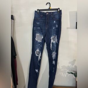 Fashion Nova Dark Blue Distressed Skinny Jeans